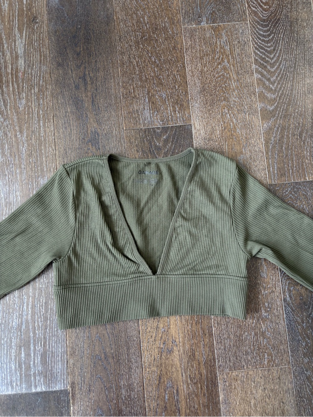 Garage Olive Green Ribbed V-Neck Cropped Top